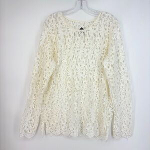 Blanc du Nil Womens Large T5 44 Pullover Crochet Tunic Top White Long Sleeves